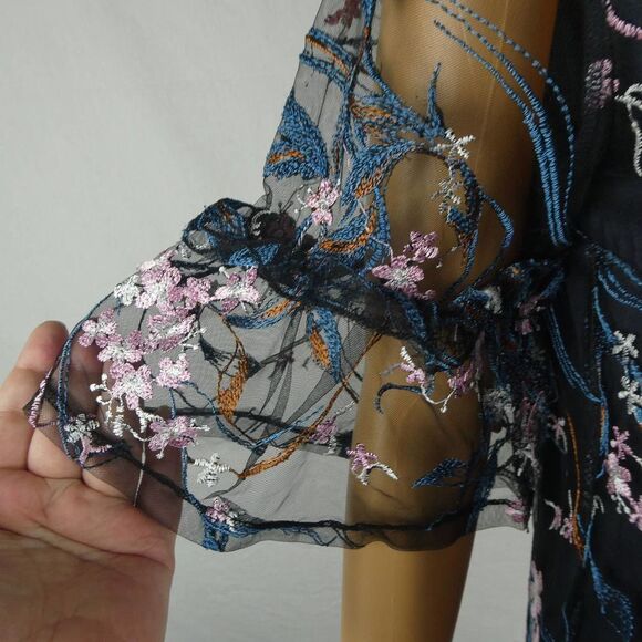 Nanette Lepore Floral Embroidery Embroidered Sheer Overlay Lined Blouse Navy Sm - Picture 7 of 10